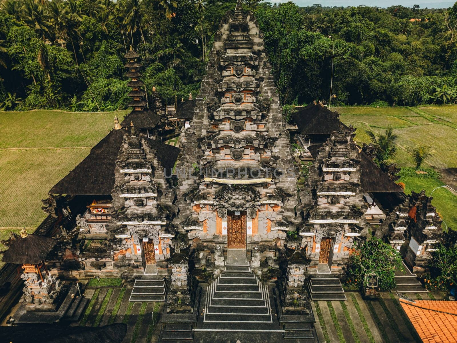 Aerial view of beautiful complex traditional Hinduism stone balinese temple by Popov