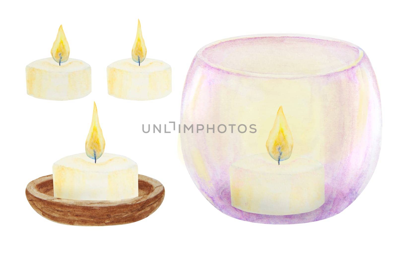 Set of violet glass and wooden candlesticks, candles. Hand drawn watercolor illustration. Good for event, Christmas decoration, romantic, wedding, interior designs