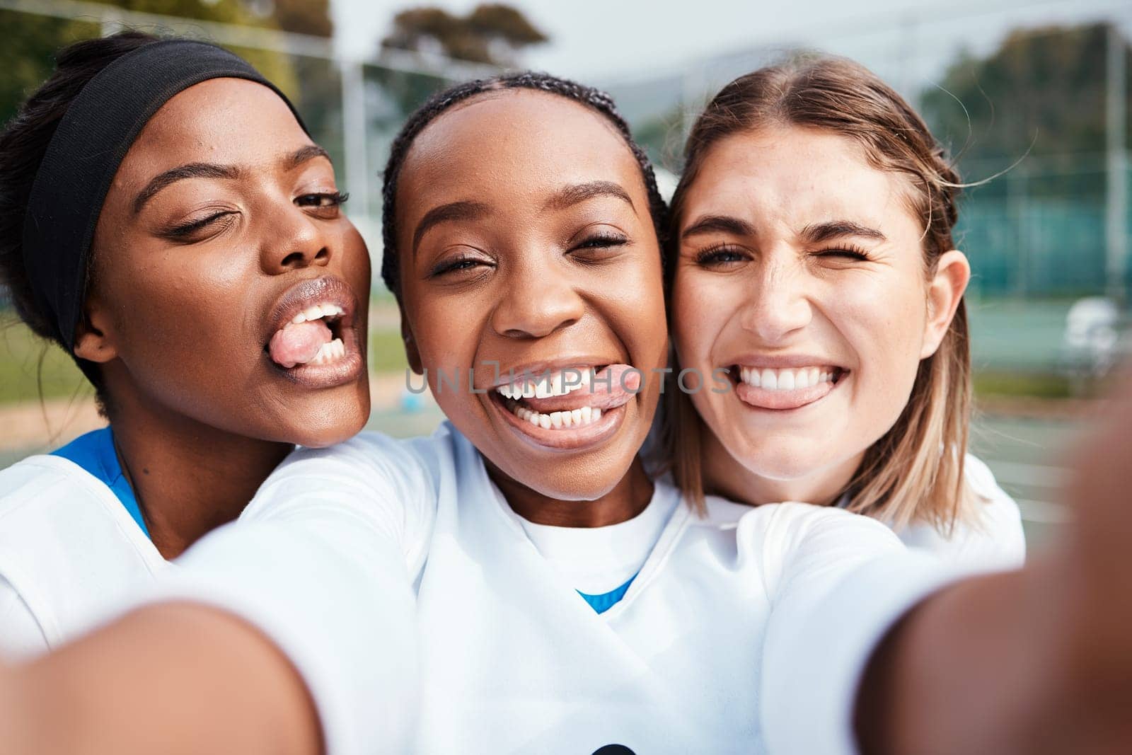 Black woman, friends and silly portrait for selfie, vlog or goofy sports team in social media outdoors. Happy women funny faces for profile picture, photo or post in memory for fun netball sport day.
