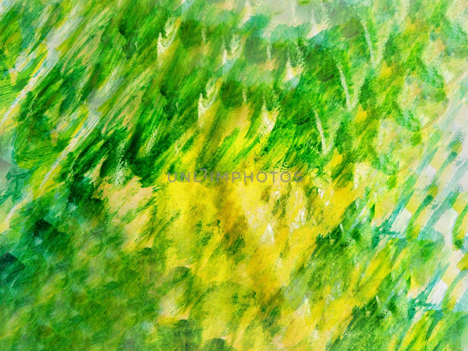 Background made of an abstract painting with waves and wavy lines in yellow and green colors. Texture, pattern, frame, copy space