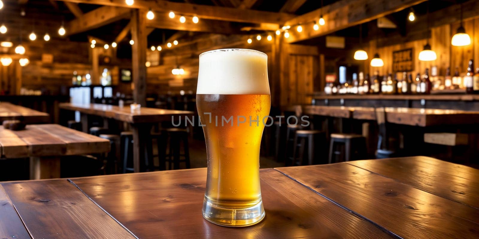 Close-up of a freshly poured glass of light beer with foam on a bar counter or wooden table against a background of a blurred country pub with dim lighting. Generative AI