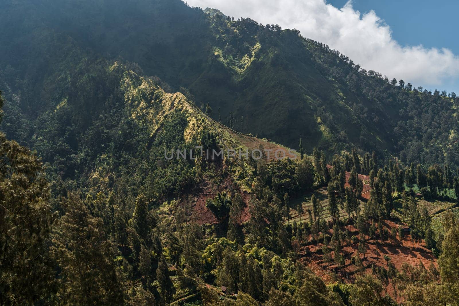 Landscape view of hills nature with cloudy sky. Summer mountains with agriculture fields view