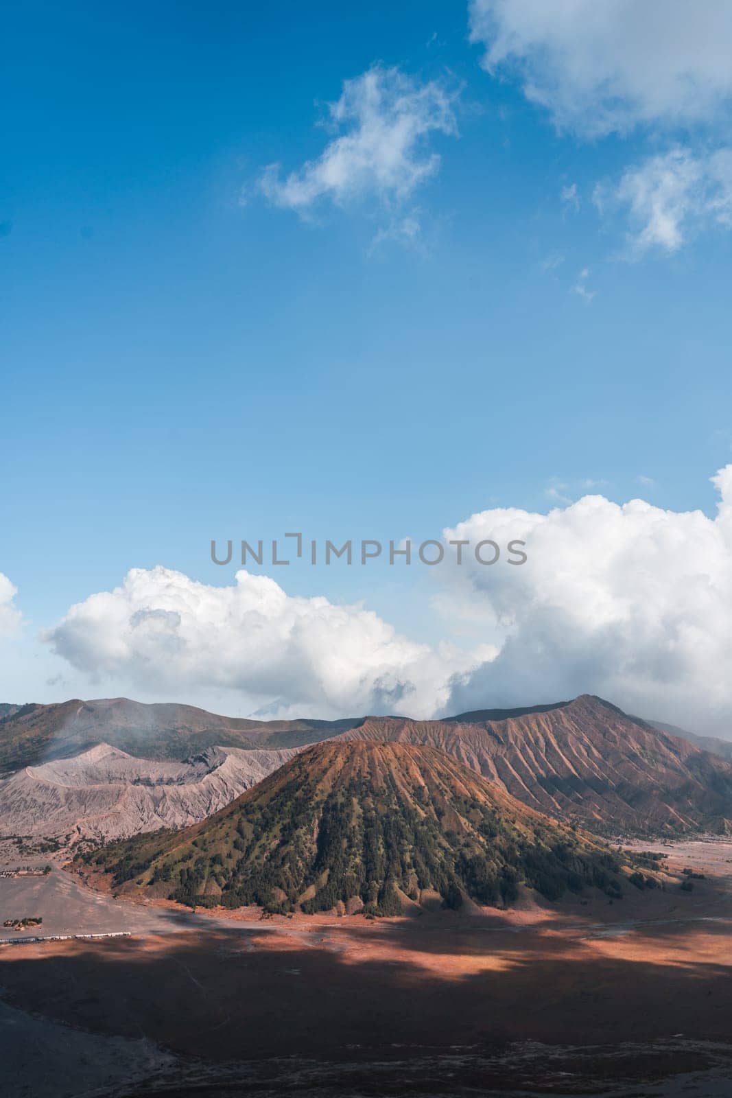 Landscape view of bromo volcano with cloudy sky. Misty bromo tengger Semeru National Park