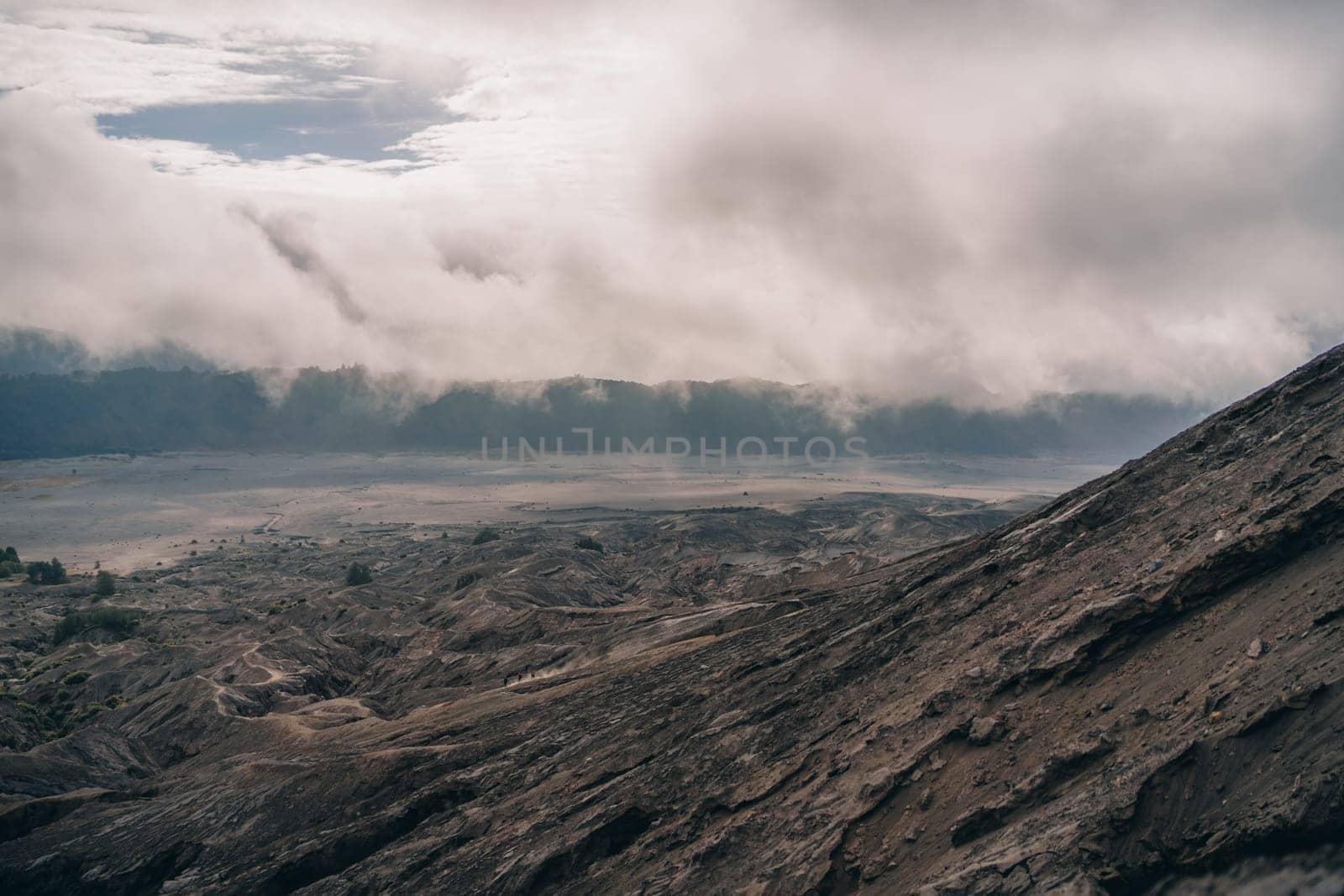 Landscape view of Bromo mount crater in fog by Popov
