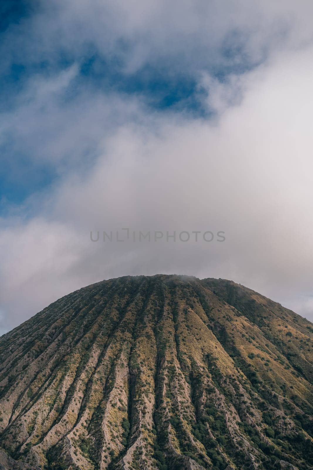 Side view of Bromo mount volcano. Landscape view of mountain vegetation in Semeru National Park