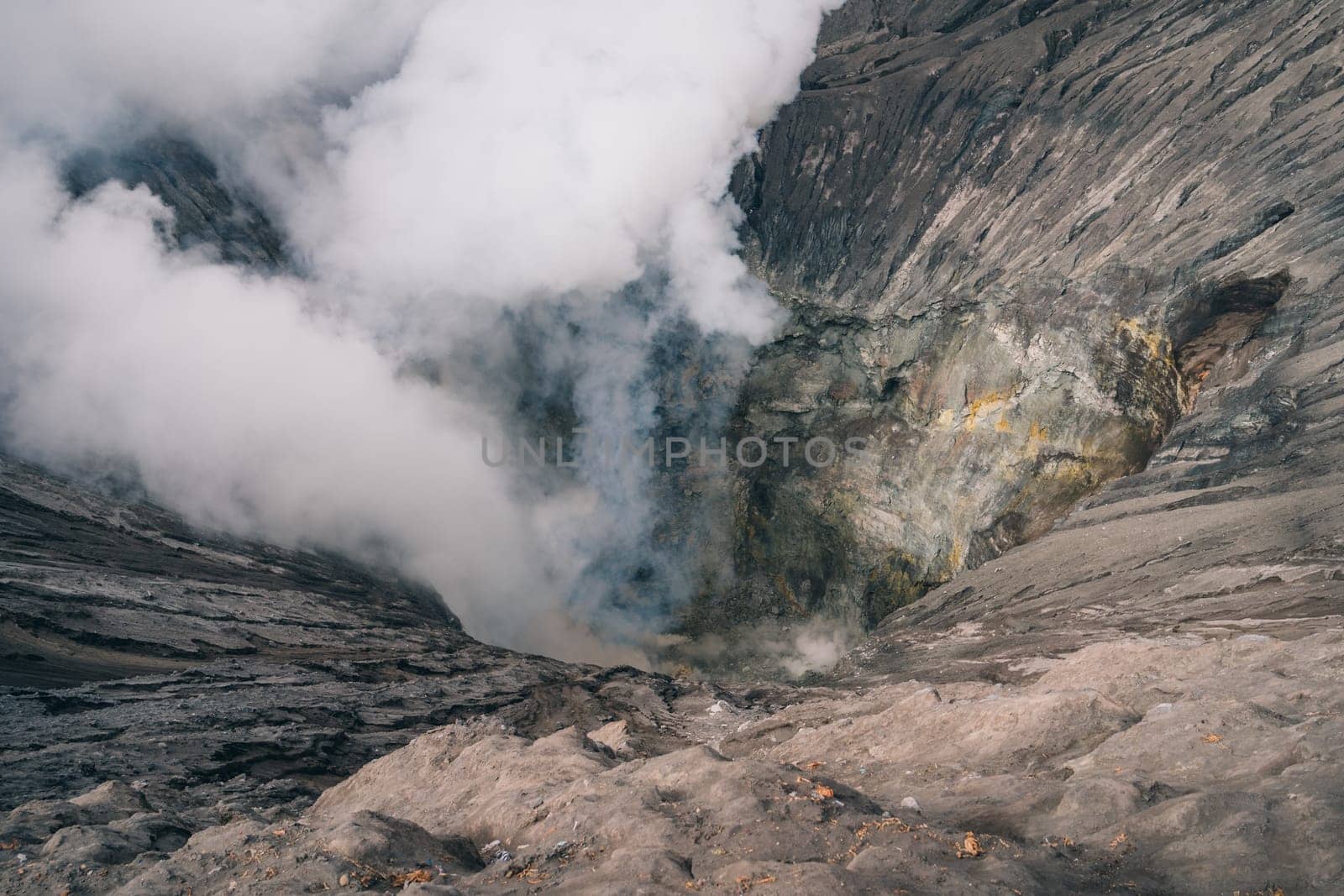 Close up shot of smoke crater volcano Bromo. Semeru National Park in Indonesia volcanic reservation