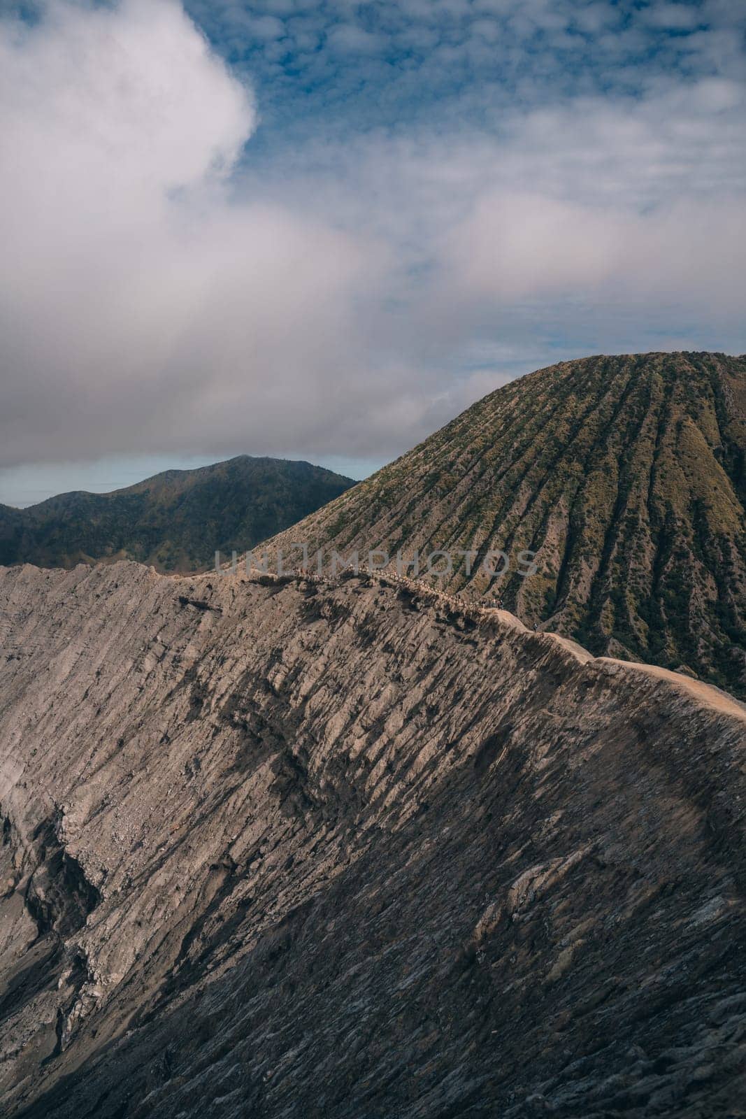 Landscape view of footpath to mount Bromo. Trekking route to top viewpoint on Bromo volcano