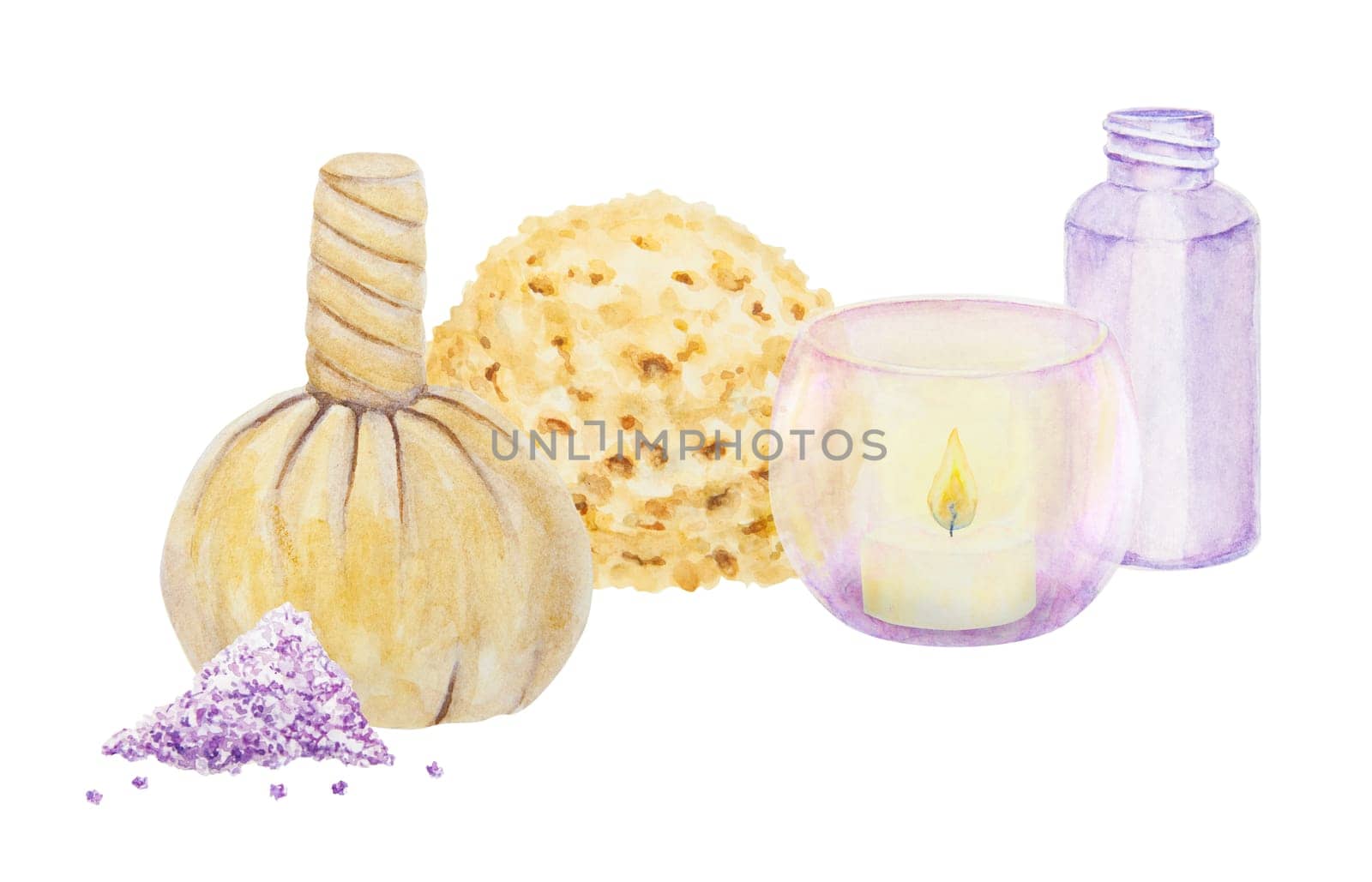 Spa and bathroom accessories. Watercolor hand drawn illustration. Composition for spa salon and wellness center: salt, natural sponge, massage bag, bottle, aroma candle. Clipart for fashion, beauty, cosmetics prints and designs
