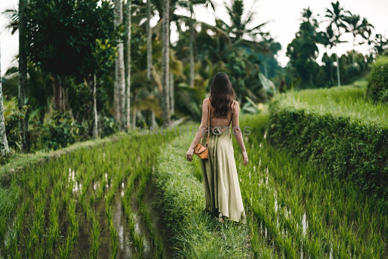 Stylish lady in green sexy dress on footpath rice terrace. Young elegant lady admiring evergreen balinese nature