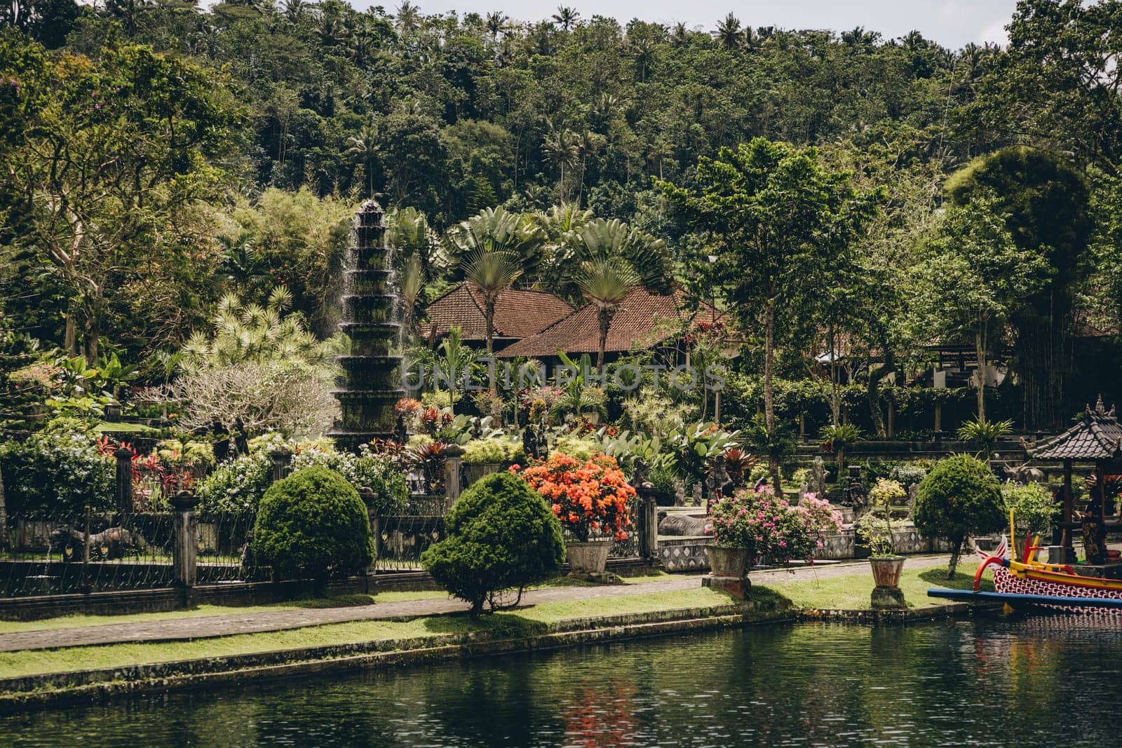 The beautiful garden of Saraswati temple. Hinduism worship location, view of lush gardens