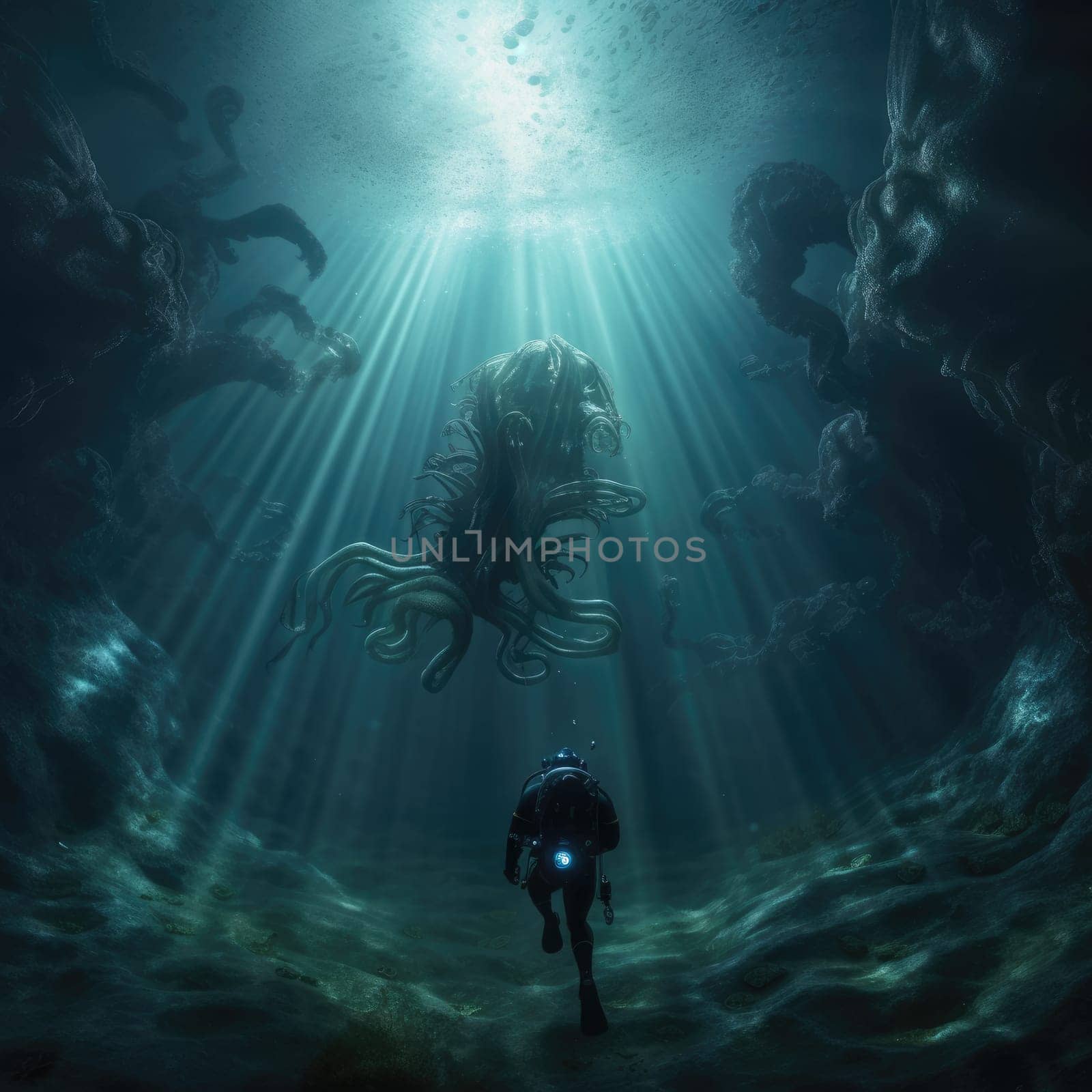 Man explores the depths of the ocean by cherezoff