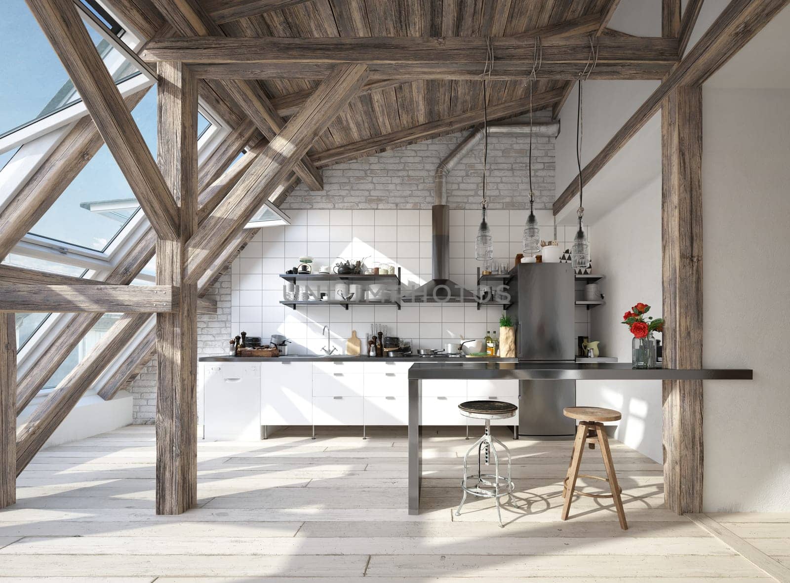 3D illustration of a modern apartment kitchen interior.