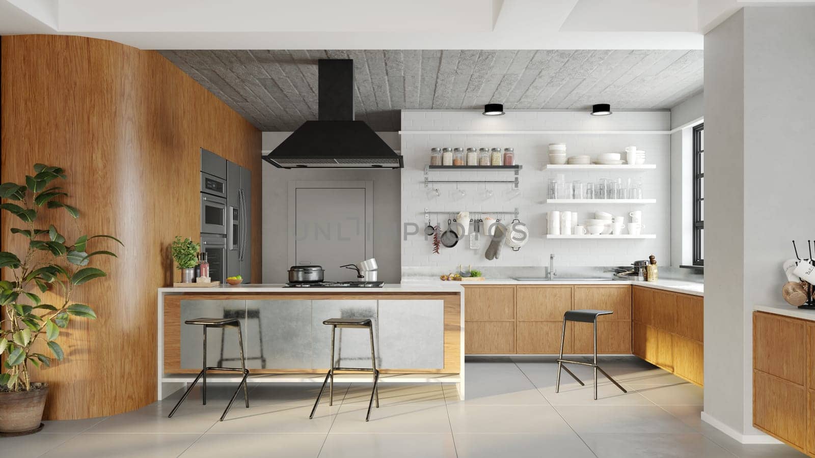 3D illustration of a modern apartment kitchen interior.