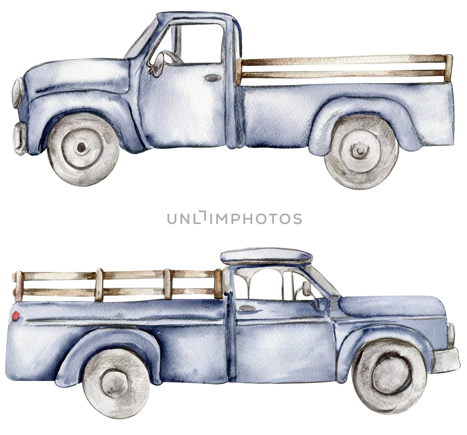 Vintage watercolor blue truck, hand drawn ilustration of old retro car on a white background. Perfect for scrapbooking, kids design, wedding invitation, posters, greetings cards.