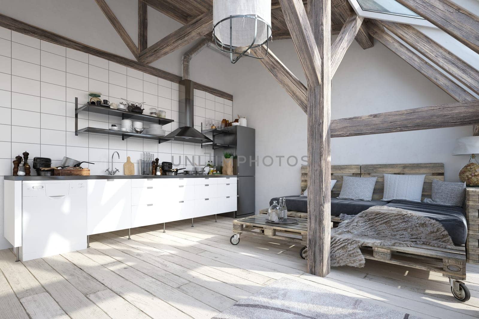 3D illustration of a modern apartment kitchen interior.