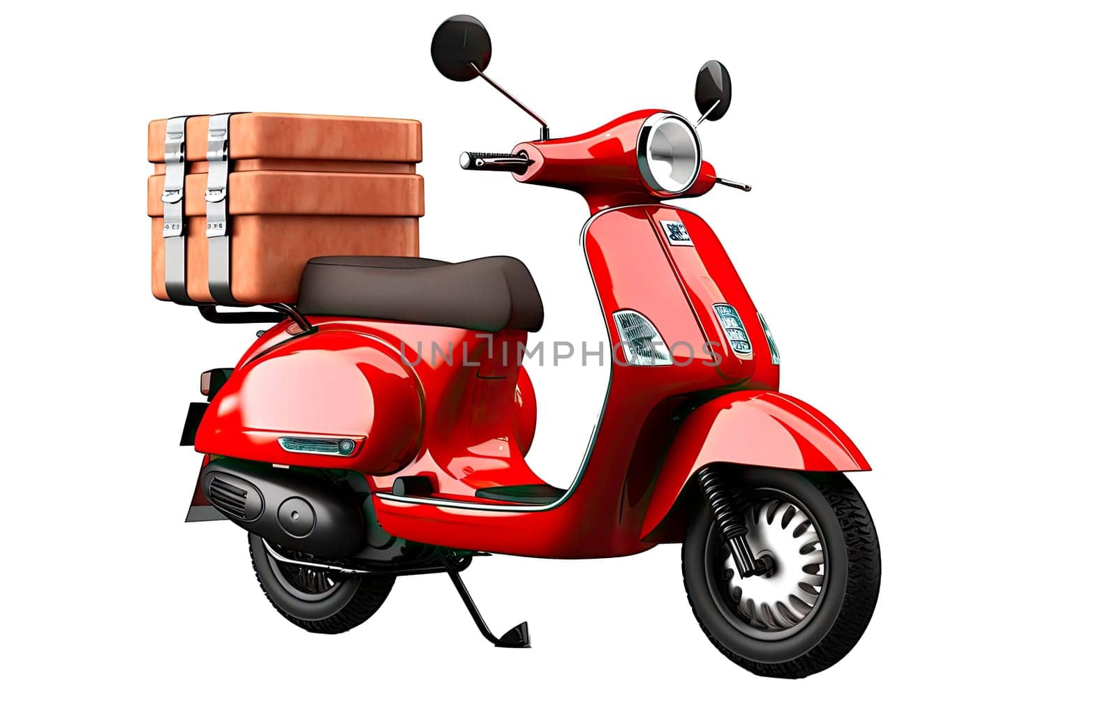 Courier service Delivery. Creative concept design scooter red color, cardboard boxes. Time to Shopping