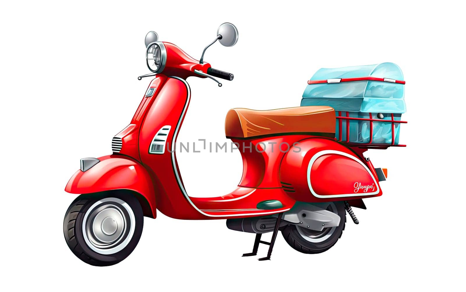Courier service Delivery. Creative concept design scooter red color, cardboard boxes. Time to Shopping