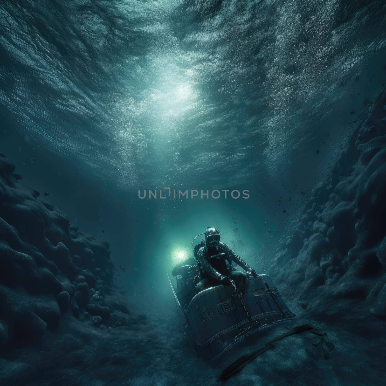 Man explores the depths of the ocean. The concept of the connection between man and marine life