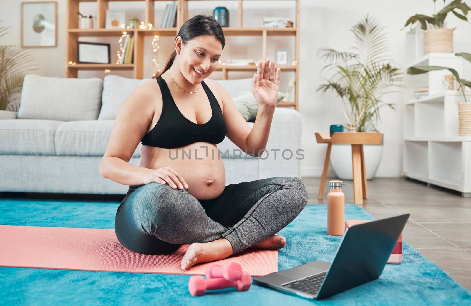 Yoga, pregnant woman and meditation with laptop, online class and video call for wellness and health. Pregnancy, pc and calm lady with zen, exercise and tutorial to relax, workout and peace in lounge.