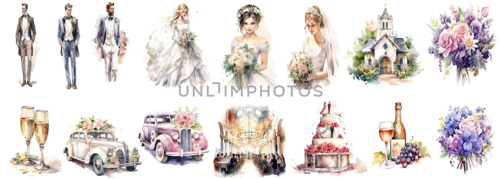 Watercolor wedding set on transparent background