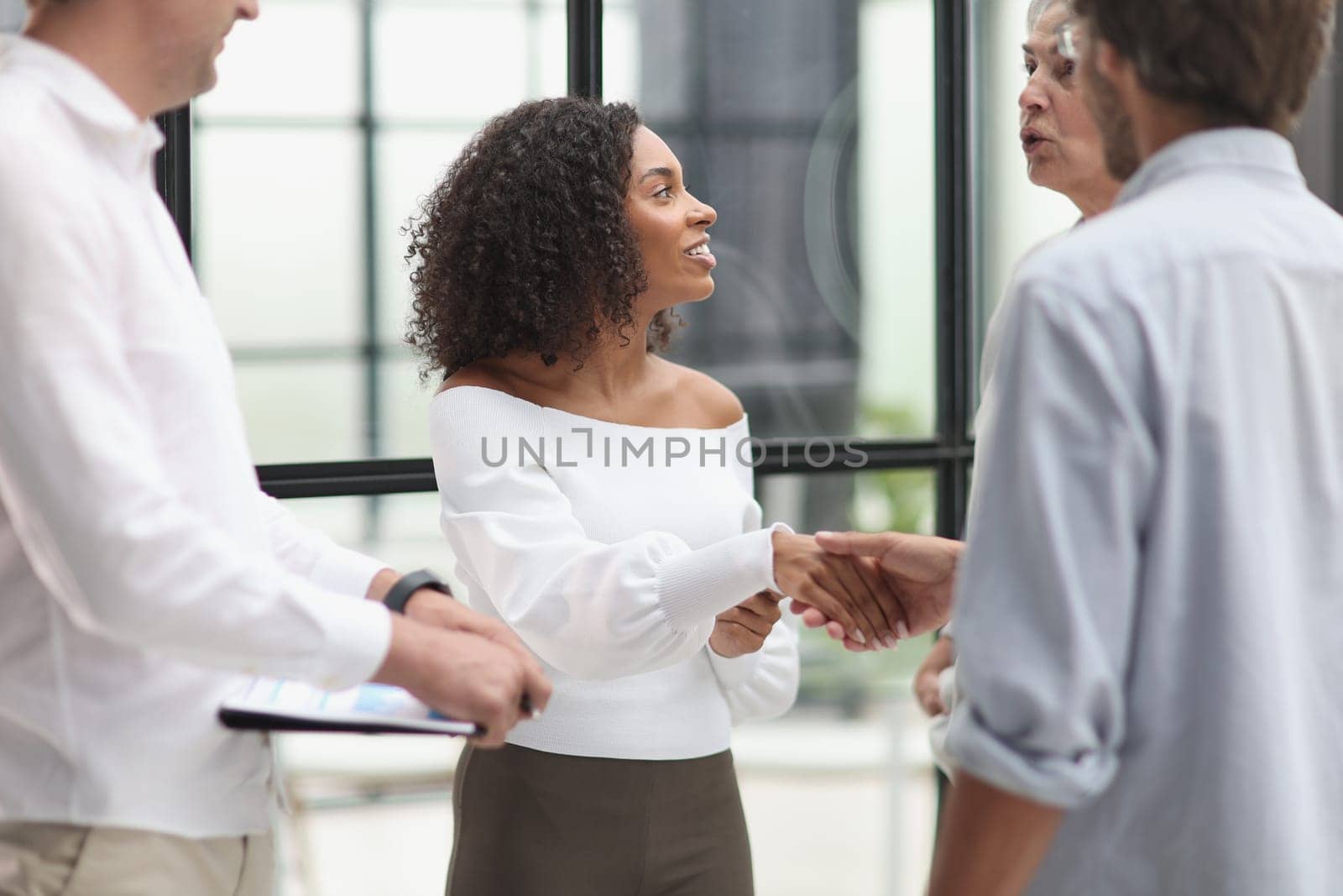 Smiling multiethnic businesspeople shaking hand in office by Prosto