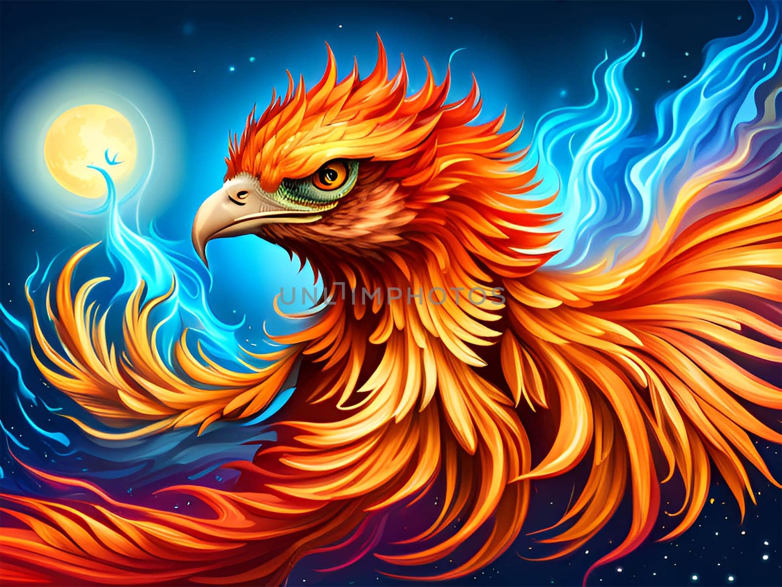 Colorful phoenix bird head, symbol of rebirth - Generative AI by Elenaphotos21