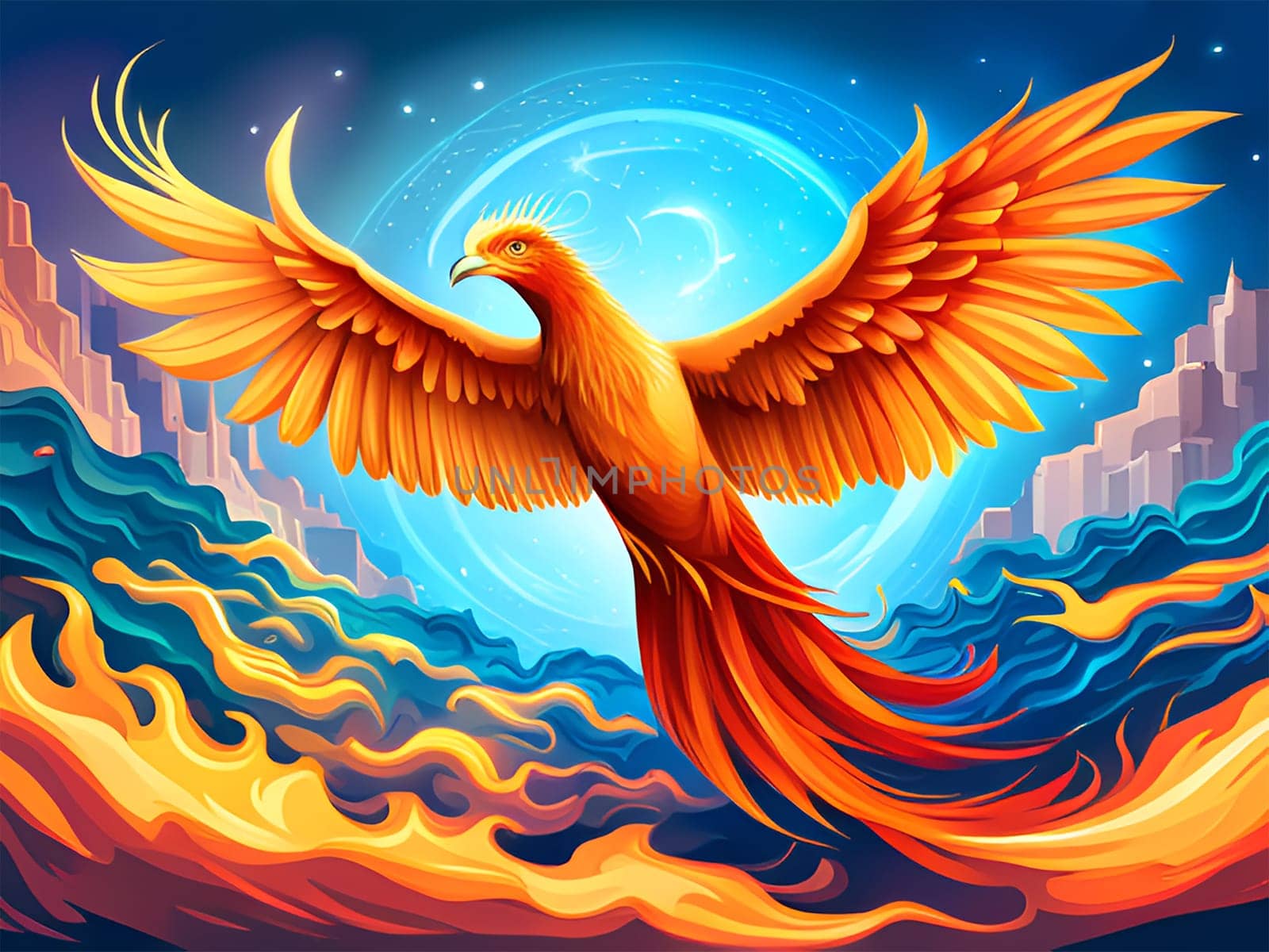 Colorful fantastic phoenix bird, symbol of rebirth - Generative AI