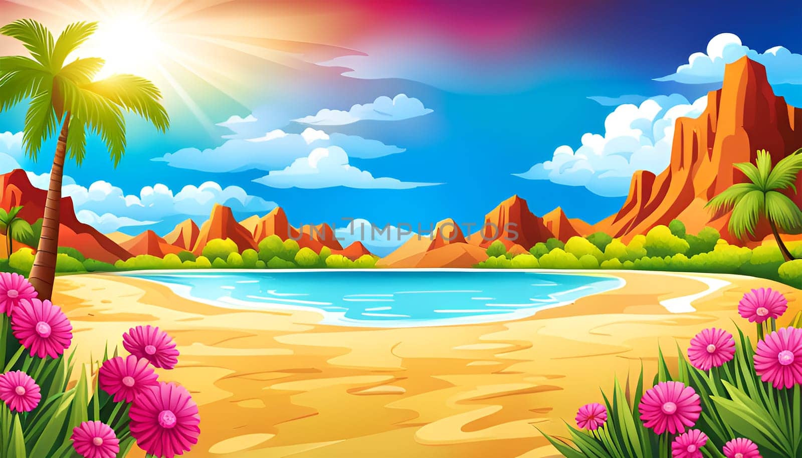 Fantasy colorful landscape with lake, flowers and mountain by day - AI generated