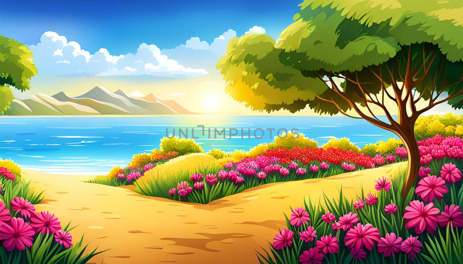 Fantasy colorful landscape with lake, flowers and tree - AI generated by Elenaphotos21