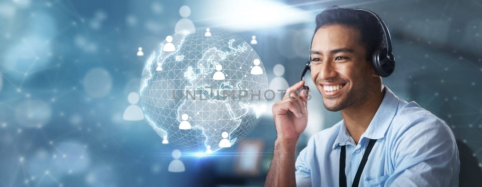 Contact us, overlay or happy agent in a call center helping, talking or networking online via microphone. Global hologram, man or consultant in communication at customer services or digital sales.