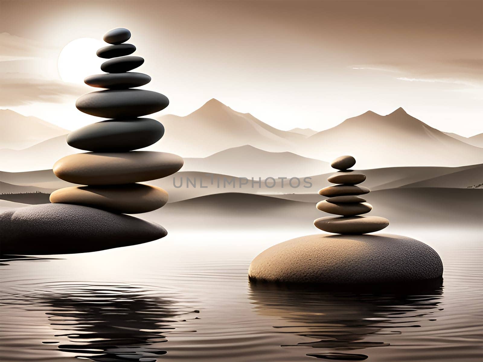 Zen stone in balance in peaceful landscape - AI generated by Elenaphotos21