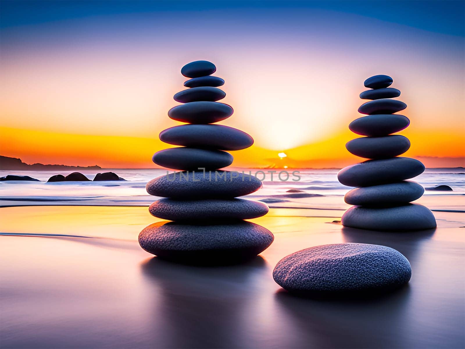 Zen stone in balance in peaceful sunset landscape - AI generated