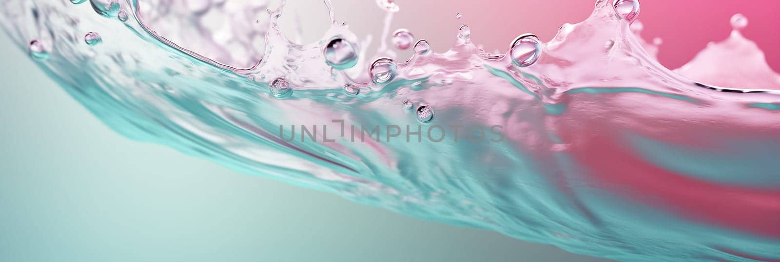 Pink and blue abstract water and paint splashes background. Water bubbles and paint toned in different colors. Water splashes and drops background. Generative AI long banner. by esvetleishaya