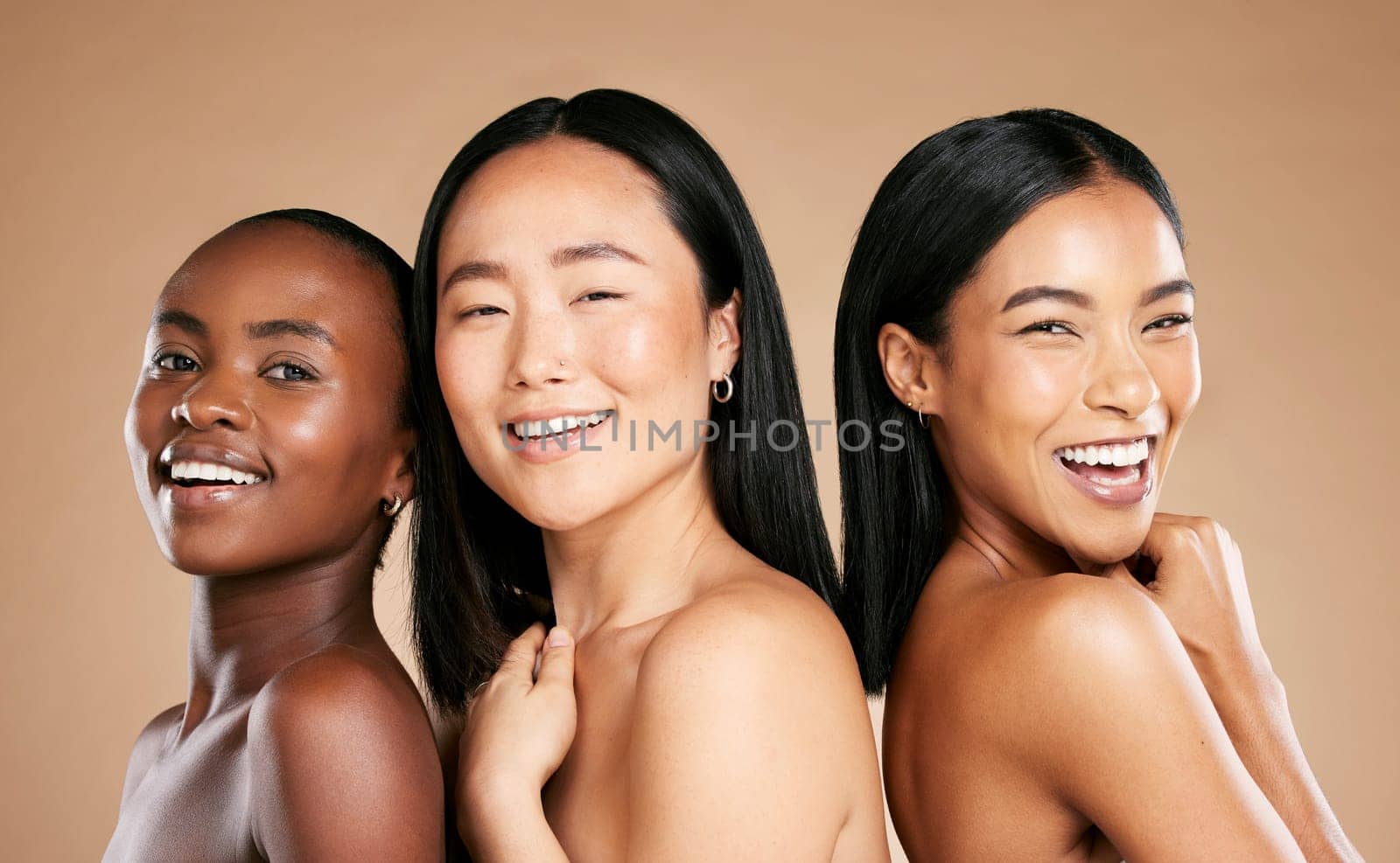 Diversity, beauty and portrait of happy women with smile, skincare and studio background. Health, wellness and luxury cosmetics, healthy skin care spa and happy, friendly people with natural makeup