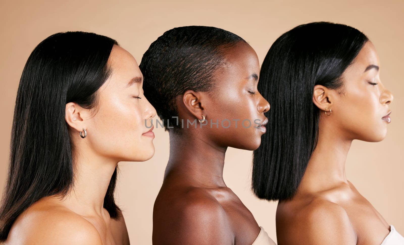 Diversity, beauty and women, face and profile with skincare, natural cosmetics and makeup isolated on studio background. Cosmetic glow, different skin color and wellness, dermatology and facial.