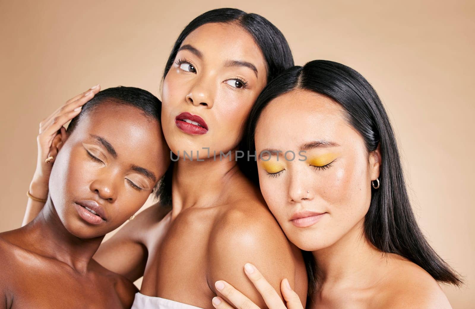 Women support, makeup and face dermatology for skincare wellness, cosmetics beauty and closed eyes in brown background studio. Young model, diversity and luxury spa treatment for natural glowing skin.