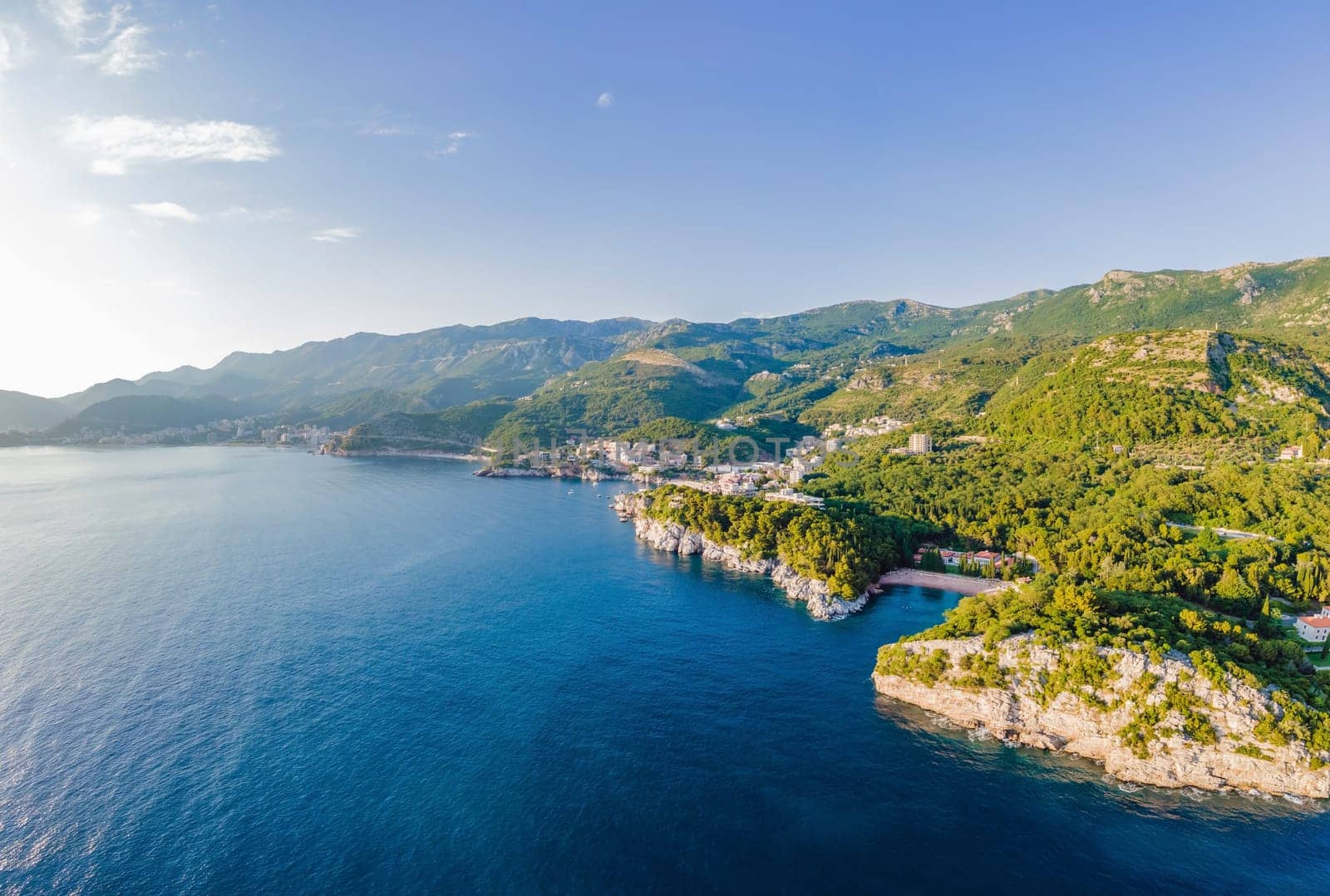 Queen's Beach in Milocer, Montenegro. Aerial view of sea waves and fantastic Rocky coast, Montenegro. drone.