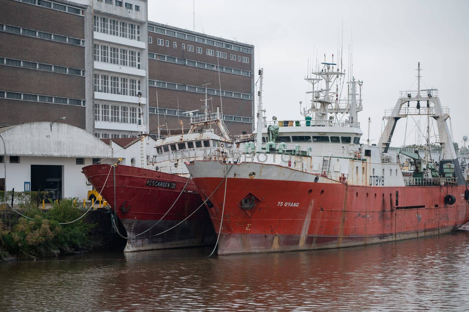 Buenos Aires, Argentina : April 21, 2023 : Fishing boats in the South dock of the port of the Autonomous City of Buenos Aires, Argentina in 2023.