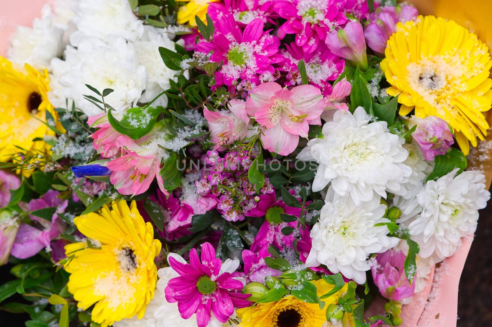 Mixed colorful flowers background. Vibrant colors of gerbera, tulips mix of summer flowers bouquet by PhotoTime