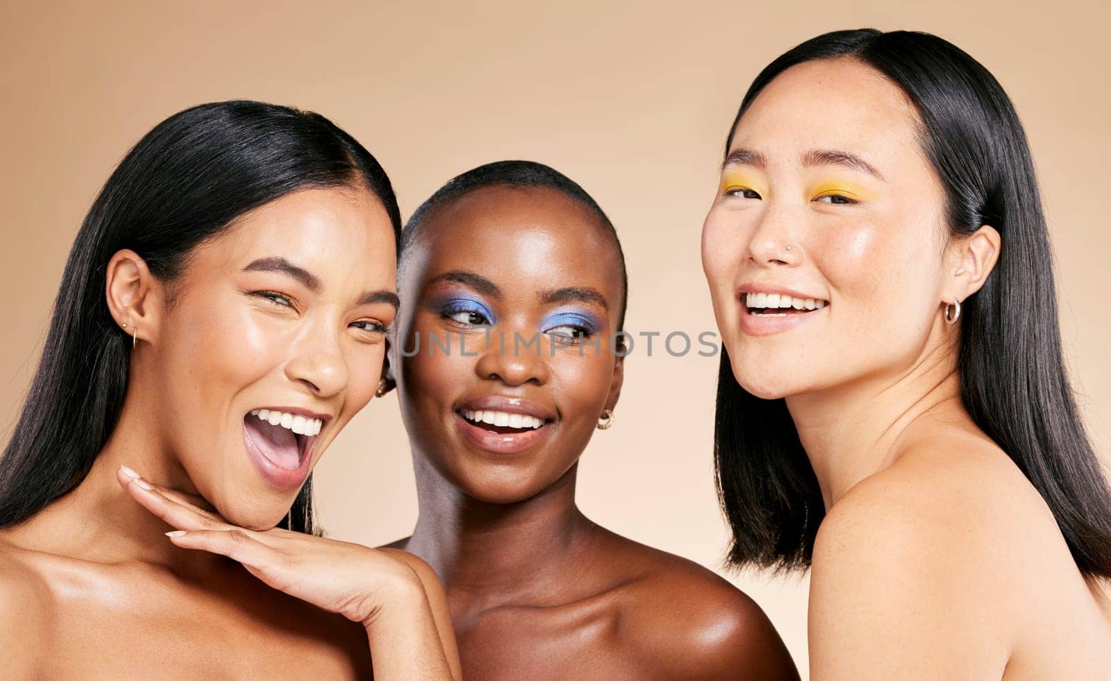 Diversity, beauty portrait and happy with makeup for cosmetics dermatology, skincare wellness and facial care in brown background studio. Women inclusion, model happiness smile and luxury face glow.