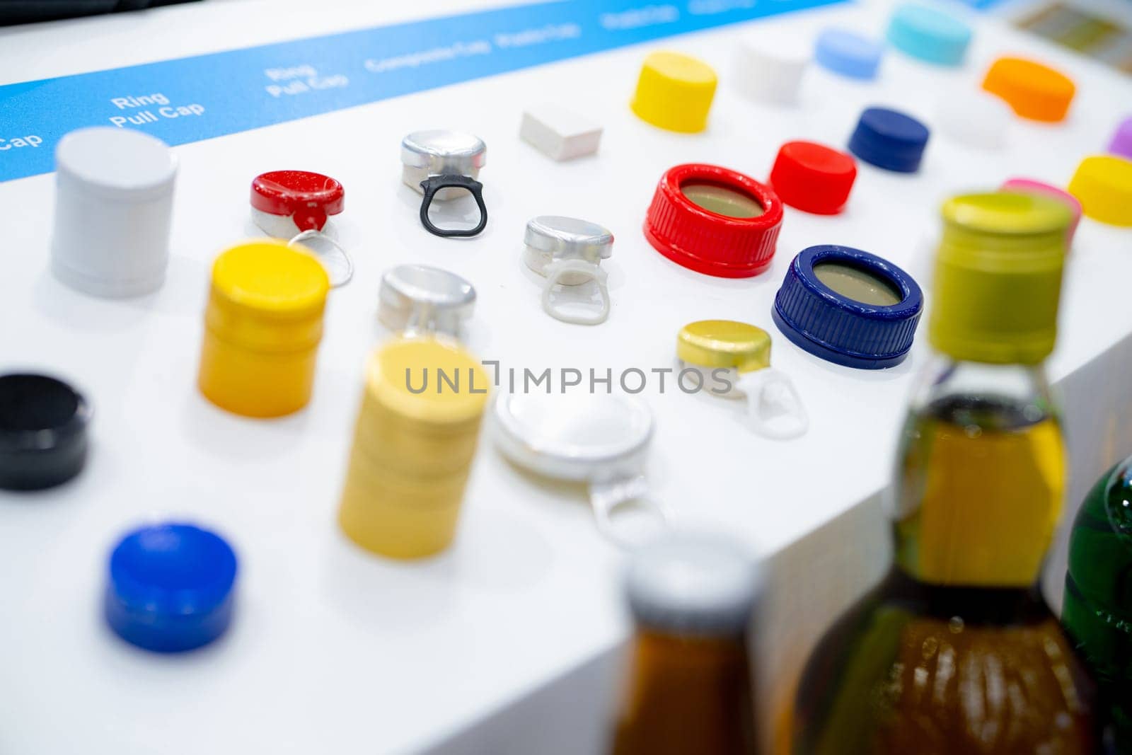 Caps packaging concept. Bottle caps and closures packaging design. Screw caps. Ring pull cap and composite cap. Various cap products. Bottle caps for alcohol drink, beer, water, and retort products.
