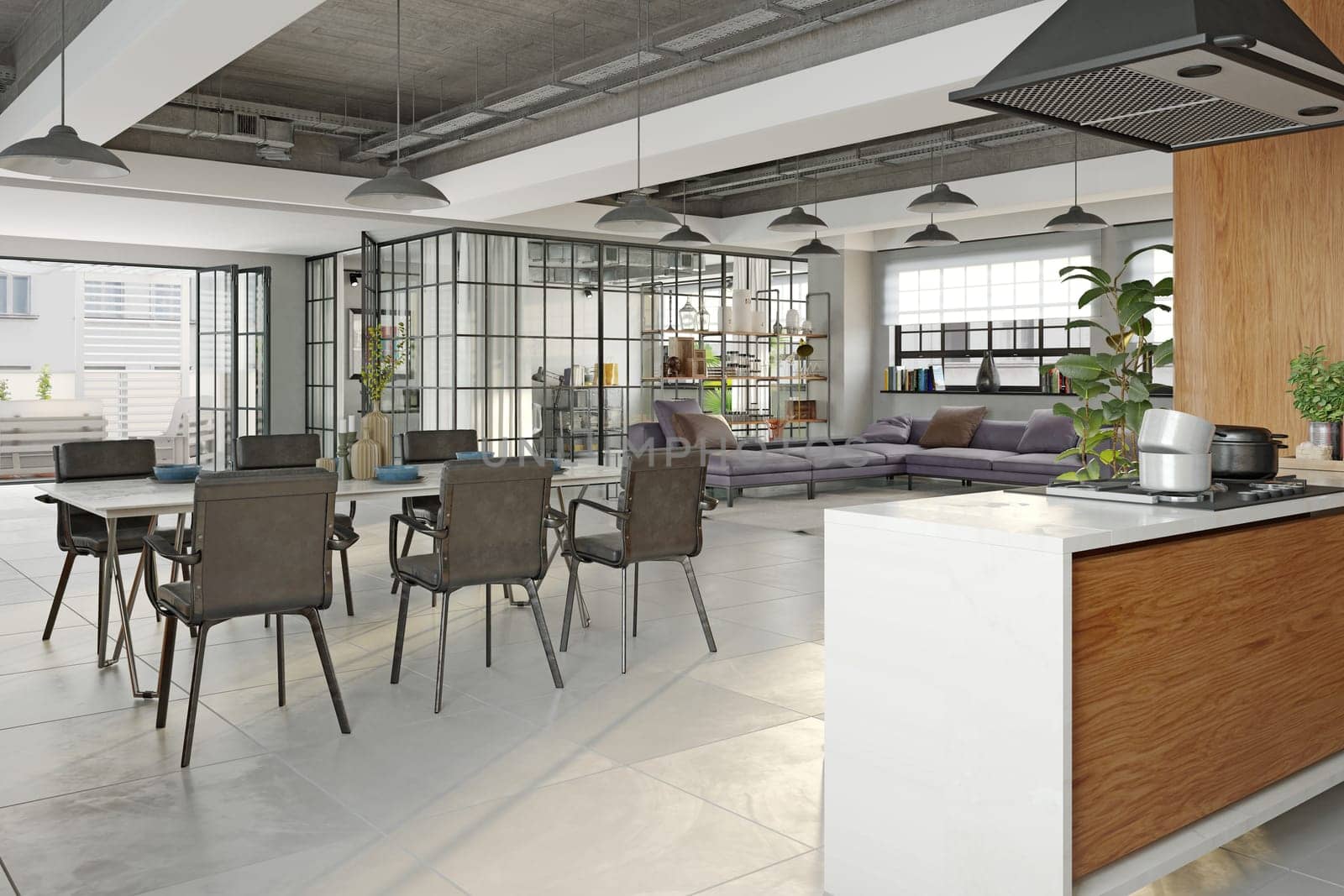 3D illustration of a modern apartment kitchen interior.