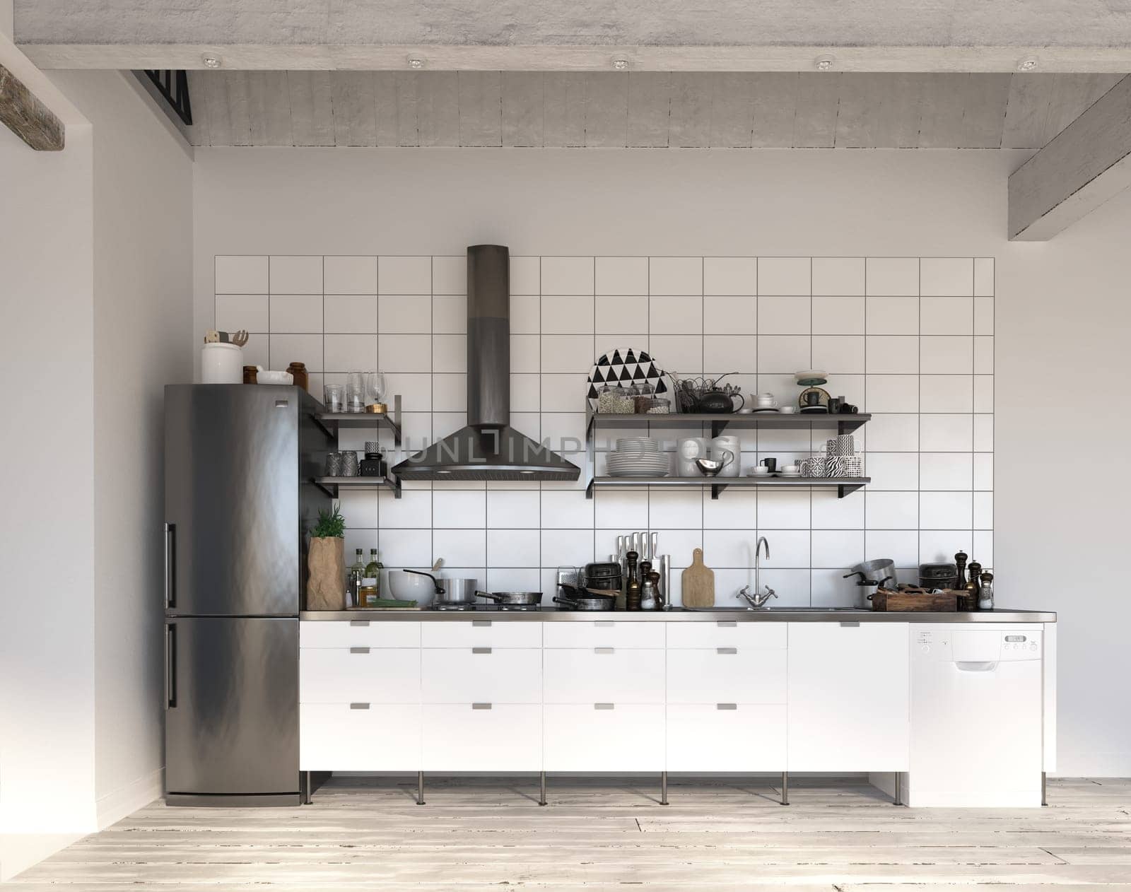 3D illustration of a modern apartment kitchen interior.
