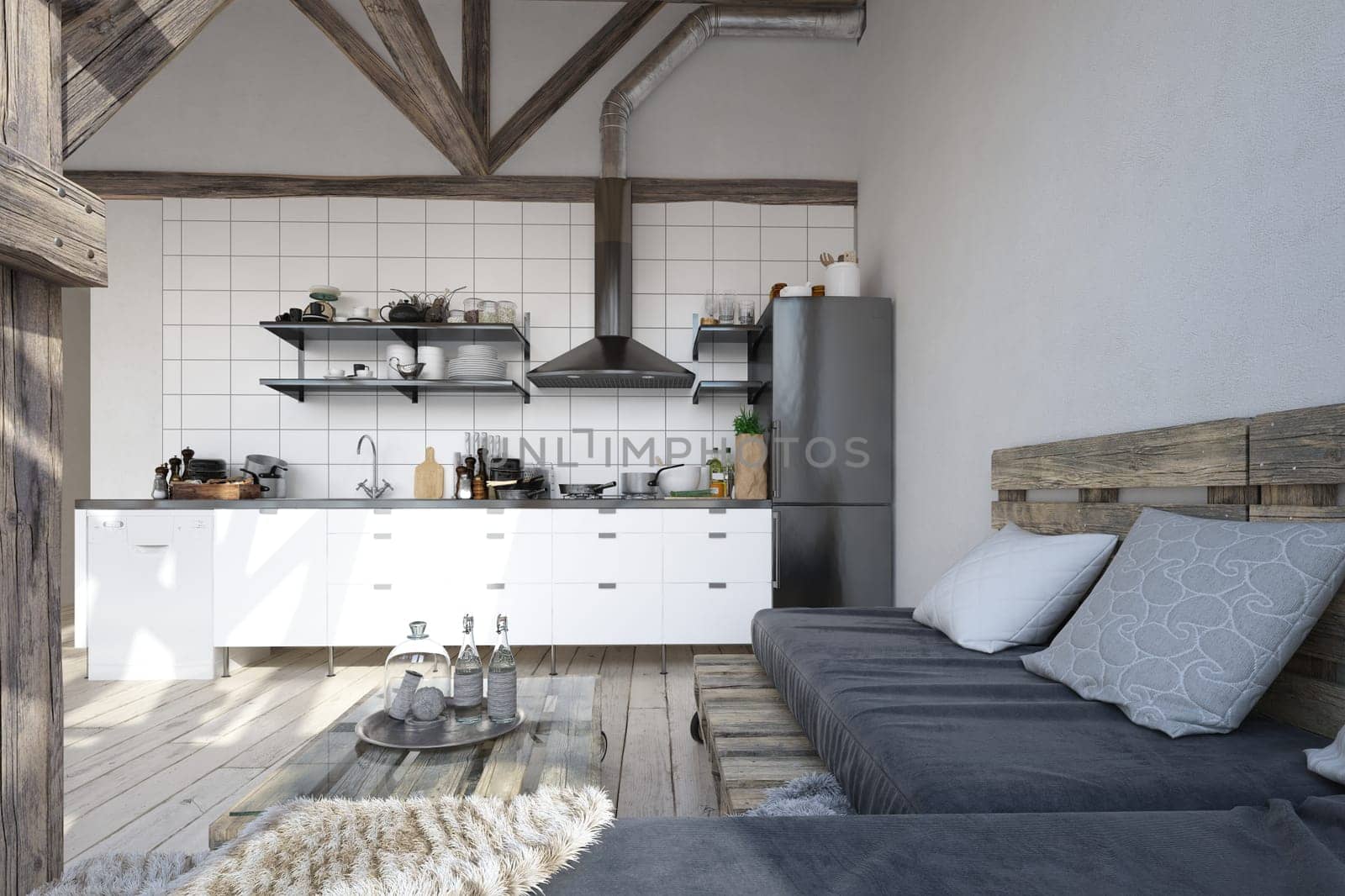 3D illustration of a modern apartment kitchen interior.