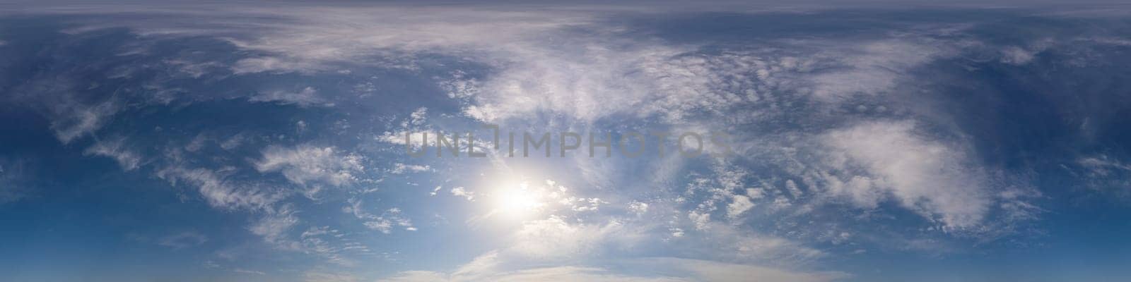 Sky panorama with Cirrus clouds in Seamless spherical equirectangular format. Full zenith for use in 3D graphics, game and editing aerial drone 360 degree panoramas for sky replacement