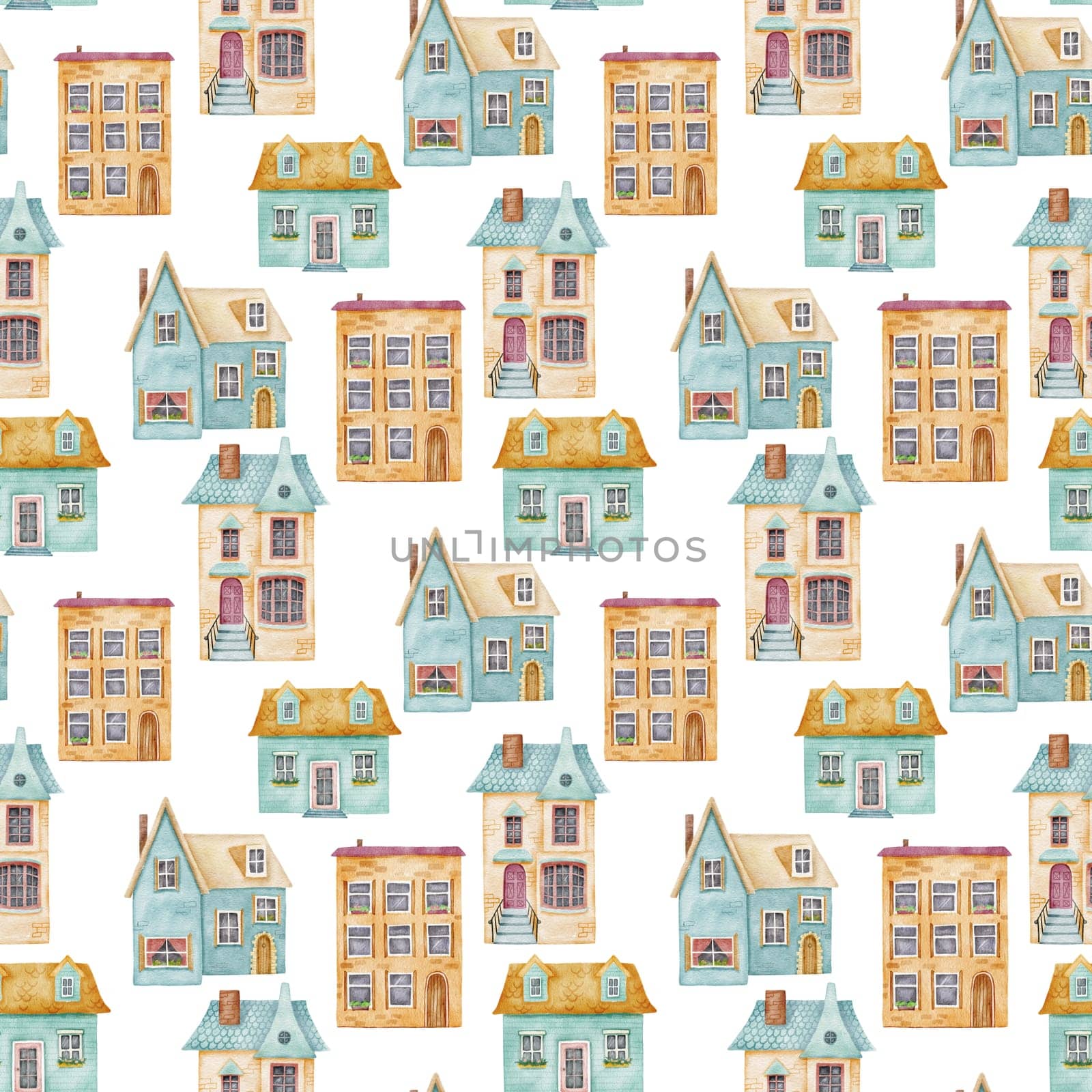 Seamless watercolor pattern with cute houses. Hand drawn blue old and cozy small buildings on white background.