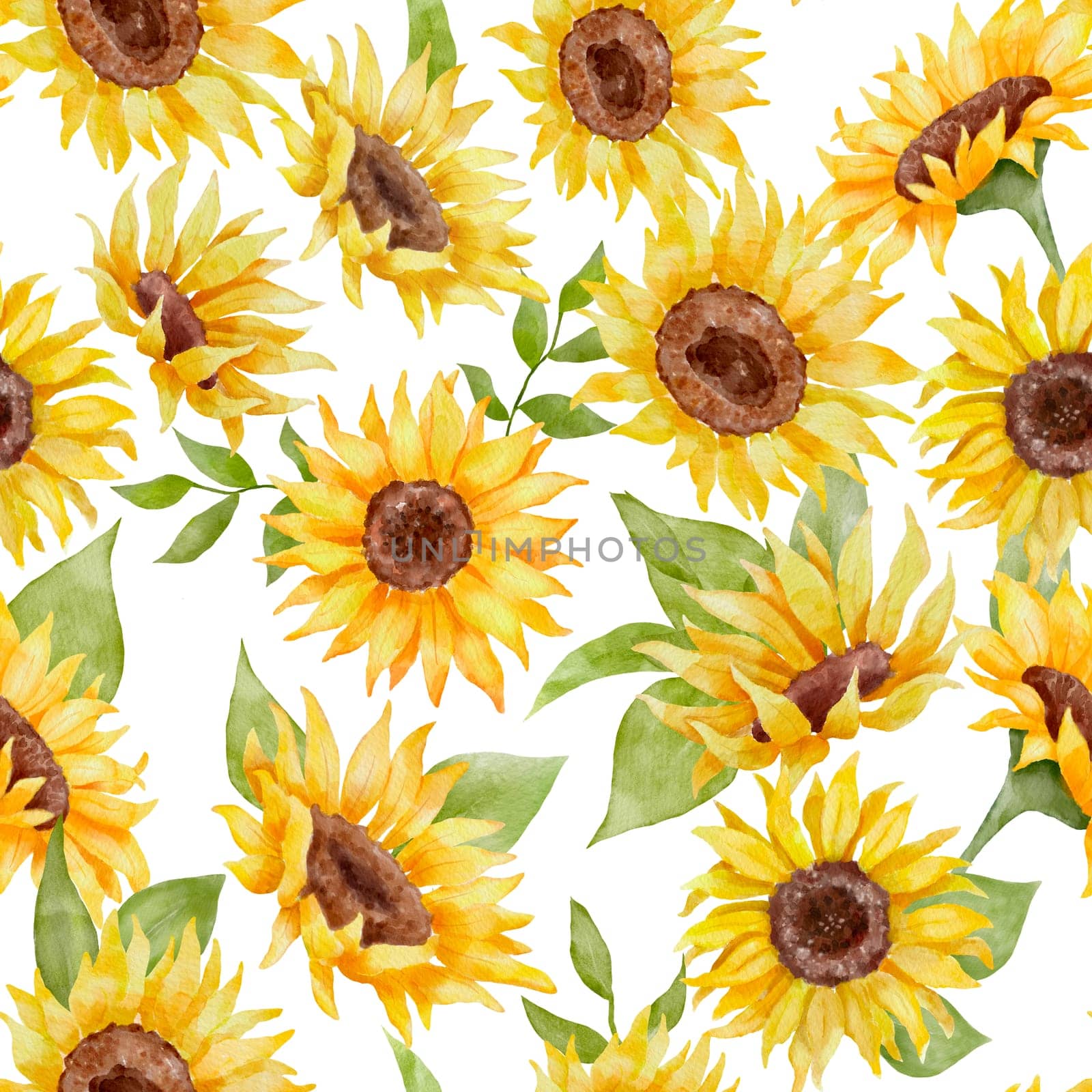 Floral seamless watercolor pattern with sunflowers and leaves on white background. Romantic summer hand drawn background
