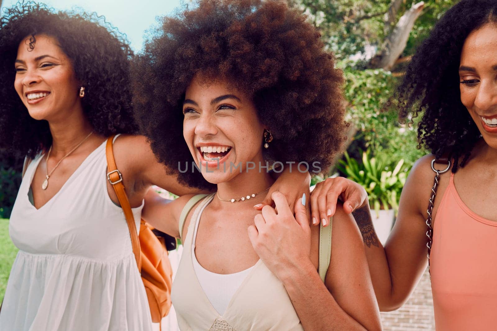 Friends face, beauty and happy smile on summer holiday and together in Miami, travel and laugh with funny conversation and bond outdoor. Women, fashion and support with community, relax and vacation.