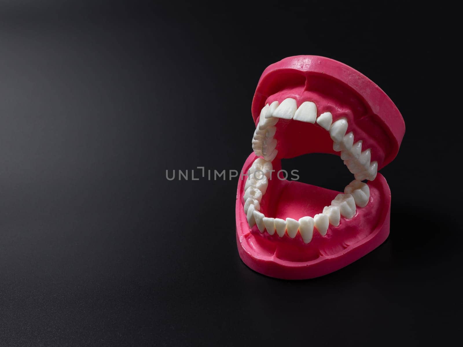 Layout of a human jaw on the black background. Medical tools concept.