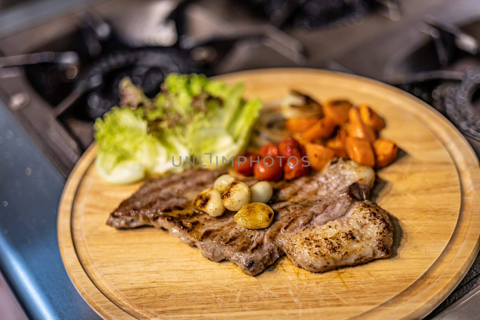 Beef Steak On A Wooden Tray, background for advertisement and wallpaper in cooking and food scene. real photo in decoration ideas